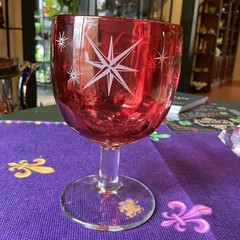 Vintage MCM Bartlett Collins Etched Atomic Starburst Red Thumbprint Glass Goblet