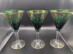 Bohemian Czech Green And Gold Glass Goblets Set Of 3