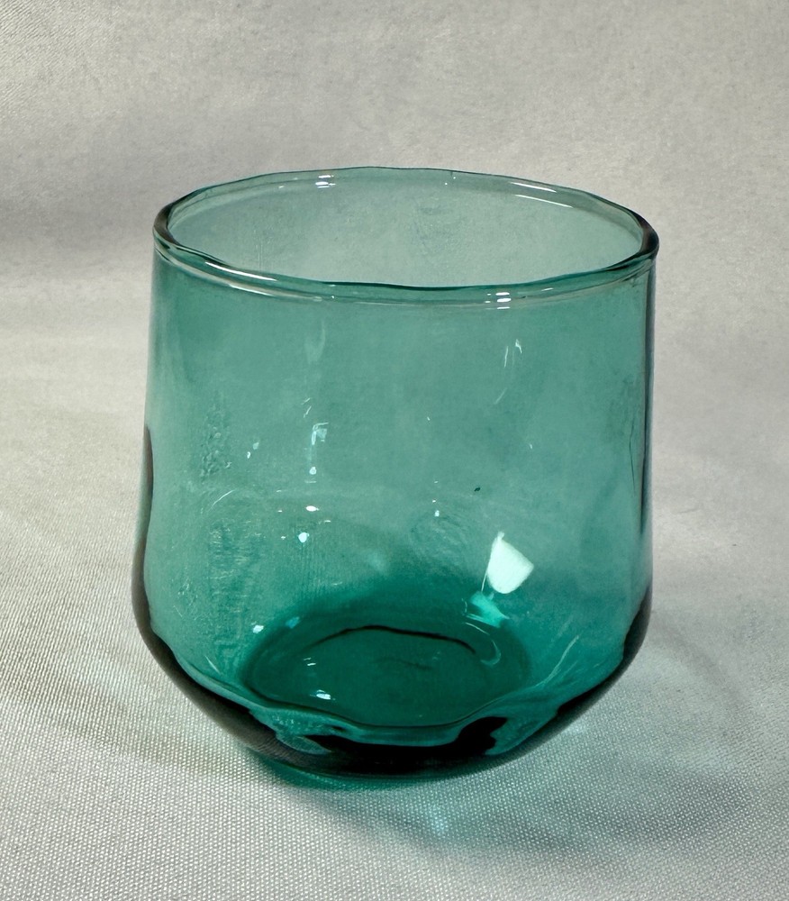 Turquoise Stemless Wine Glass Faint Coin Dot Design 3 Inch Tall 2.5 Inch Across
