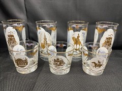 Set of 7 (2 sizes) ~ Libbey «ANDREW JACKSON» White / Gold Glass Tumblers