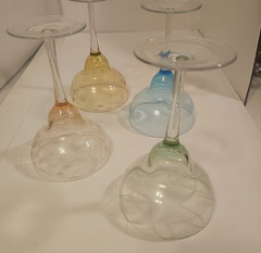 Vintage Set 4 Multi Colors HUGE BOWL Margarita Glasses ETCHED CRYSTAL 7″ Tall