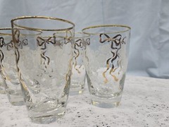 6 Vintage Libbey Rose Classic White Roses & Gold Ribbon Design 8 OZ 4-5/8in