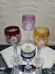 3 Wine Glasses Hocks Goblets Amber, Purple. & Red Cut to clear Crystal Buzzstars