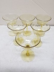 10 VTG YELLOW DEPRESSION GLASS SCALE PATTERN CHAMPAGNE COUPES GLASSES 5″