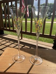 2 Millefiori confetti champagne flute glasses 11” hand blown Thin Stem Romantic