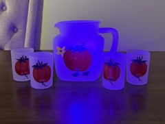 Vintage 1950’s Hazel Atlas Frosted Tomato 5 Piece Juice Set Marked Logo H Over A