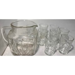 Vintage Clear Glass Lemonade Set Starburst Pitcher 8 Tumblers, MCM