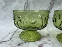 3 Vintage Anchor Hocking Lido Milano Green Sherbet Dessert Dish Crinkle Glass