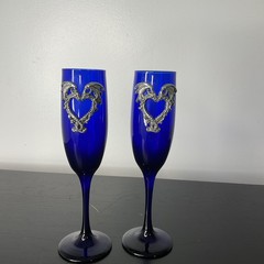 Two Libby’s Cobalt Blue Champagne Glass With Pewter Dragon.