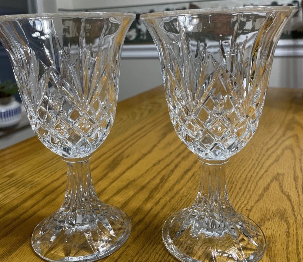 Heavy 24% Lead Crystal Water Wine Glass Goblets Crisscross Pineapple Pair 12 oz