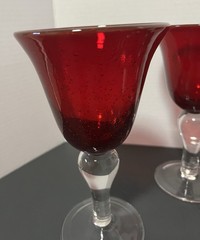 4 Vintage Artland Iris Ruby Red HandBlown Goblets Seeded Bubble Stem 8”H