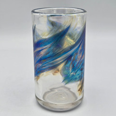 David Salazar Studio Art Glass Tumbler Iridescent Blue Pulled Feather 4″ Signed