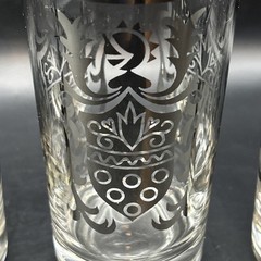 Kimiko Silver Knight Shield Crest Highball Tumbler Glass Barware MCM Set Of 4