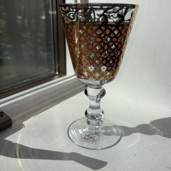 Patina Vie Crystal Water Goblet 18K Gold and Orange Hand Blown 7.25in Zrike