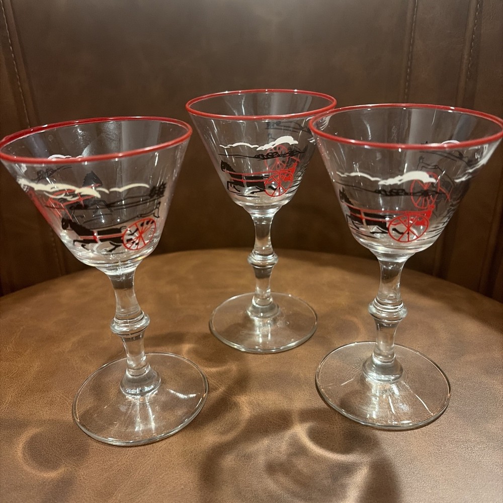Vintage Libbey Cocktail Glasses Bar ware Harness Racing Horses Black Red MCM