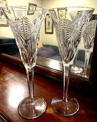 WATERFORD CRYSTAL Millennium HAPPINESS Champagne Toasting Flutes (2ea) 9-1/4″