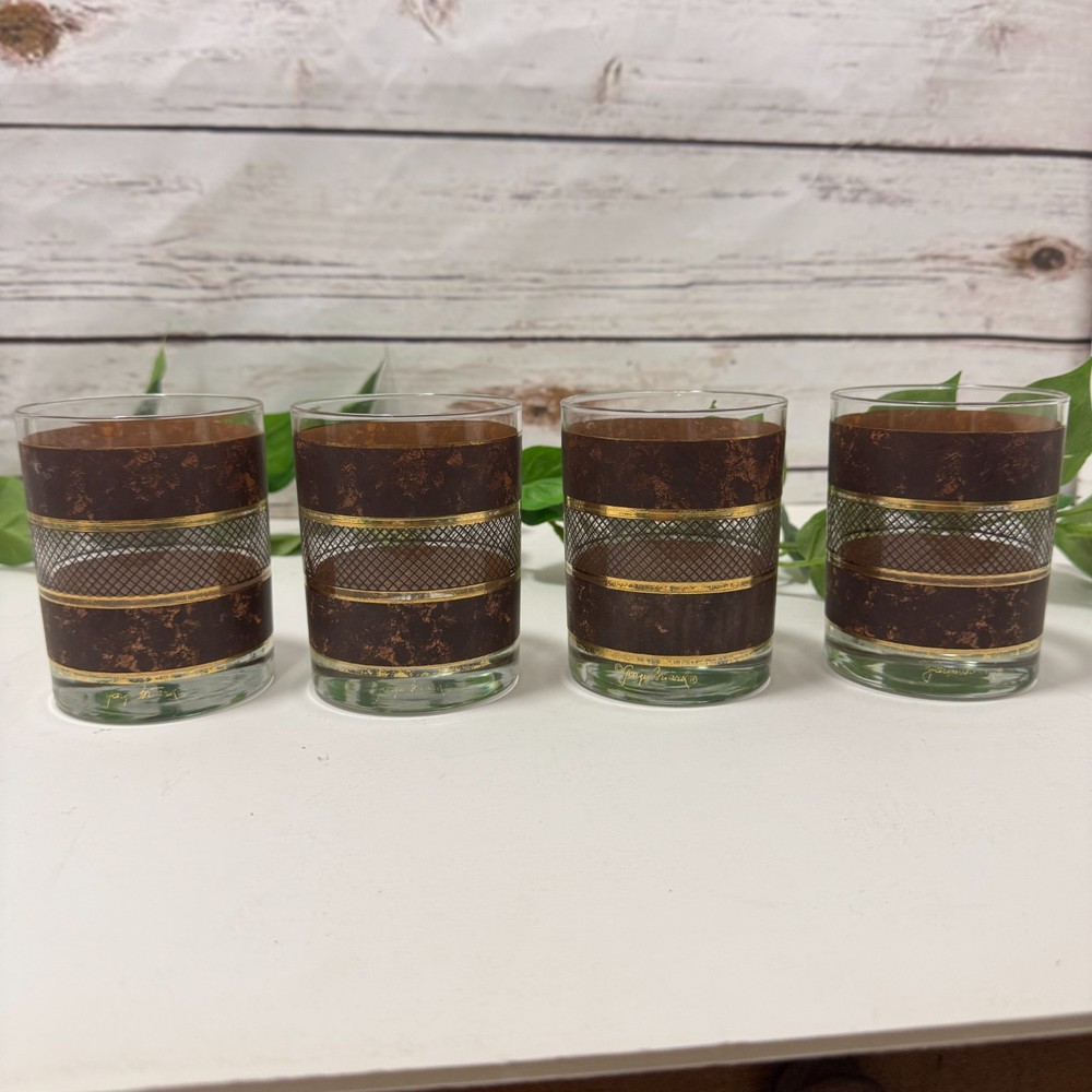 4 Georges Briard Brown Faux Marble Gold Bands Double Old Fashion Cocktail Glass