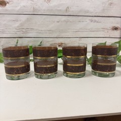 4 Georges Briard Brown Faux Marble Gold Bands Double Old Fashion Cocktail Glass