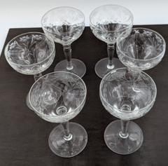 Set of 6 Vintage Champagne Coupe Etched Floral Toasting Glasses Petite