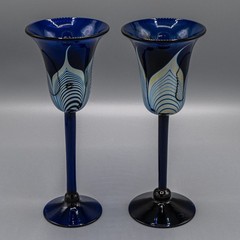 Steven Correia Pulled Feather Blue Iridescent Wine Water Goblet Glass Pair 10″H