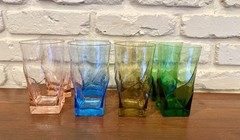 Set Of 8 Square Bottom Multicolored Glasses Mid Century 5.5” H