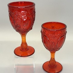 Fenton Mirrors & Roses Ruby By LG Wright Glasses (2) Vintage 5″ Goblet Amberina