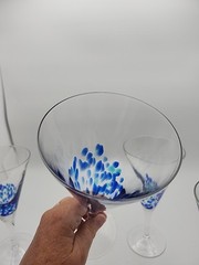 4 – Cobalt Blue Confetti Splash Hand Blown Art Glass Champagne Wine Glasses READ
