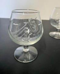 Set of 2 Clipper Sailing Ship Etched Cut Clear Glass Brandy Snifters 6 oz 4.5”