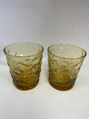 Vintage 2 Anchor Hocking Rock Glasses Amber Honey Gold 3″ 3.5″