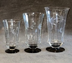 16 Piece Weston Set Black Footed Juice Glass Louis Panel Etched Floral Optic MCM