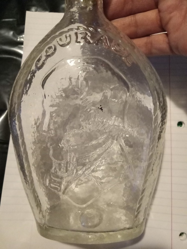 vintage mid century «courage » decanter depression glass bottle nice find .