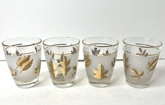 LIBBEY Gold Autumn Leaf Lowball Juice Frosted Glasses Barware MCM Set OF 4