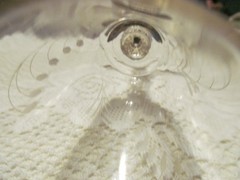 FLINT GLASS STEMED OLD GLASS LILLY OF THE VALLEY ETCHED ON IT.GLASS BEADS BOTTOM
