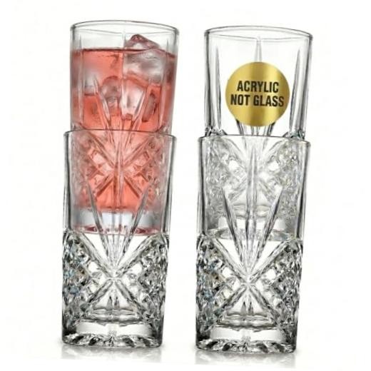 Tall Highball Glasses, Shatterproof and Reusable Acrylic – 12 Ounces Clear