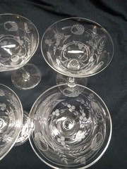 Mixed Set of 6 Champagne Glasses Etched Flowers (3) 8oz. (3) 6oz.