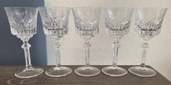 5 Vintage clear crystal cut etched wine goblet hand blown 5 1/4″ fancy