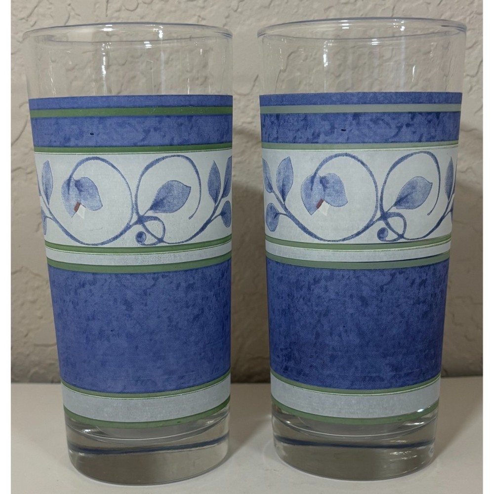 2 Vintage Collectible Pfaltzgraff Orleans Blue Green Vines 16 oz. Glass Tumblers