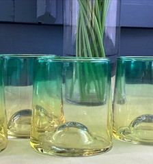 Ombre Gradient 4 Glass Tumblers & Carafe Decanter Drinkware Set Yellow to Green