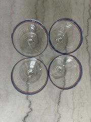 Set Of 4 Red Blue Stripe Americana Footed Glass Sherbet Dessert Glasses Vintage