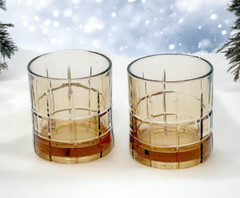 Vtg MCM SET OF 2 Anchor Hocking Brown Tartan Smoke Amber Old Fashioned Glasses