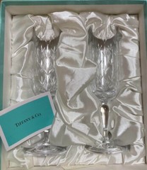 TIFFANY & Co. Floret Champagne Flute Pair Glass Clear Barware Unused With Box