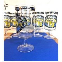 Set of 6 Cora Bistro glasses 16 oz Vintage Footed Barware Stained Glass Motif