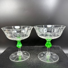 Vintage Uranium Glass Etched Laurel Leaf Champagne Coupes Vaseline Stem Cups Set
