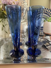 4 Set Vintage Art Glass handblown Cobalt Blue Pilsner Beer Champagne Glasses