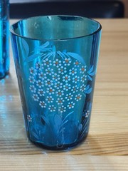 Antique Victorian Era Blue Glass Painted Floral Juice/Lemonade Set 4 Glasses
