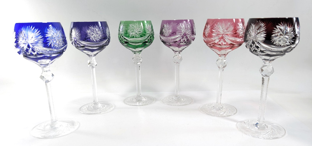 Set of 6 – Bohemian Overlay Cut-to-Clear Crystal Wine Goblets Jewel Tones