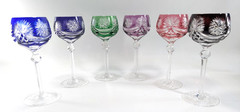 Set of 6 – Bohemian Overlay Cut-to-Clear Crystal Wine Goblets Jewel Tones
