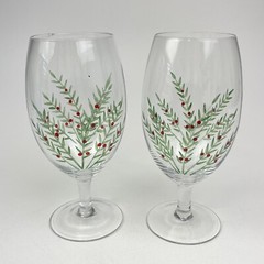 Hand Blown Goblets Handpainted Clear Glass Red Green Christmas Wedding Toast Set