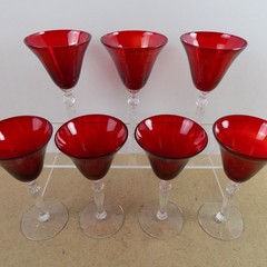 7 Cambridge Glass Ruby Red 3035 Liquor Cocktail Glasses Ribbed Ball Stem VGC