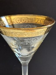 Cellini Martini Glasses Italy 1970’s Etched Crystal 24k Gold Rim Set of 8